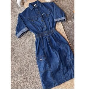 Vintage Ideas Denim Midi Dress Elastic Waist Button Front Blue Cotton Womens